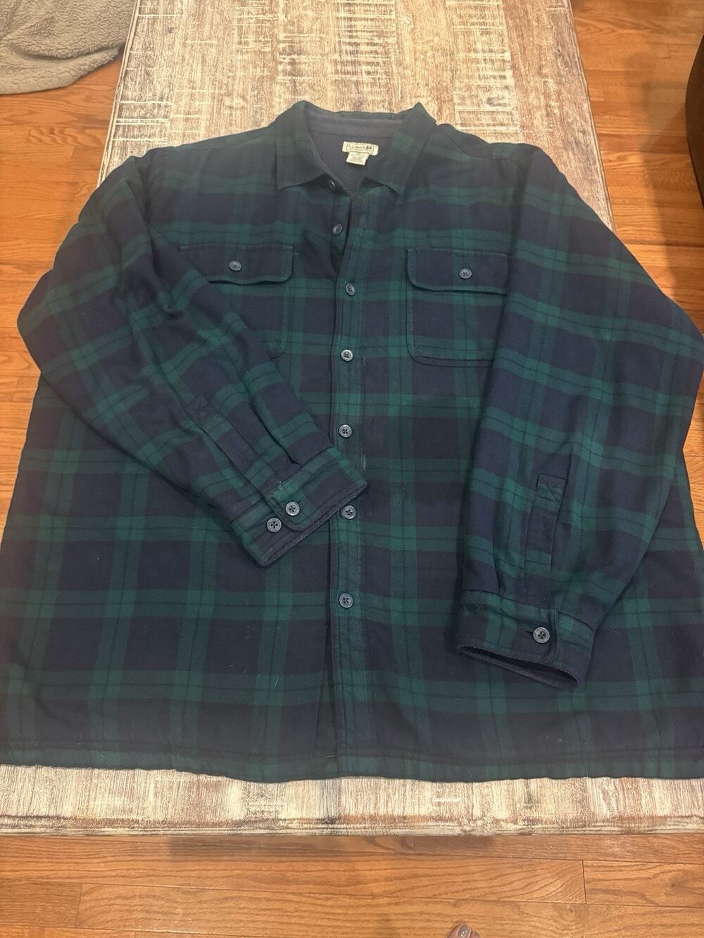 L.L. Bean Fleece Lined Shirt Jacket Mens 2XL Reg Plaid Green Blue 250393